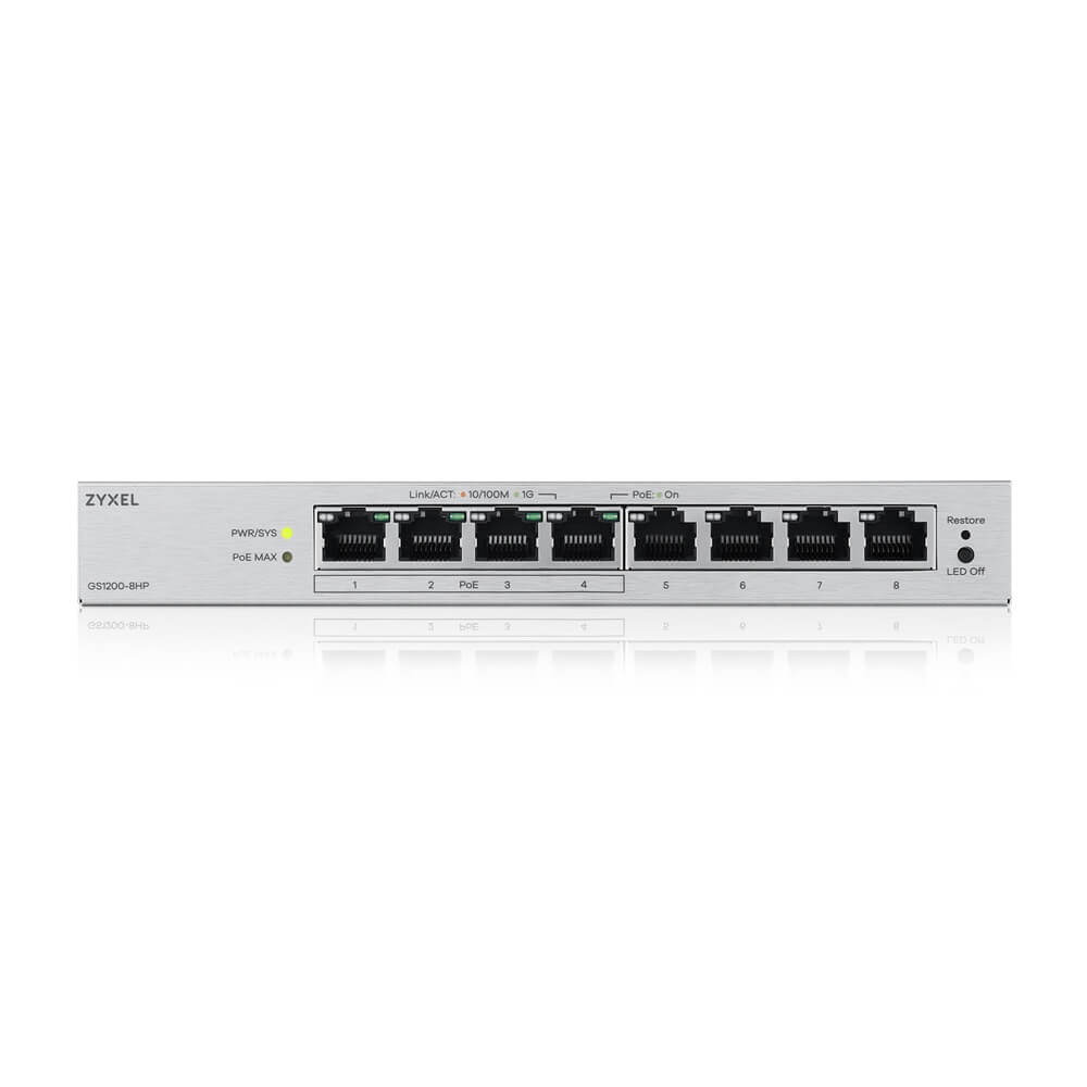 ZyXEL GS1200-8HP v3, 8 Port Gigabit PoE+ webmanaged Desktop Switch, 4x PoE, 68 Watt