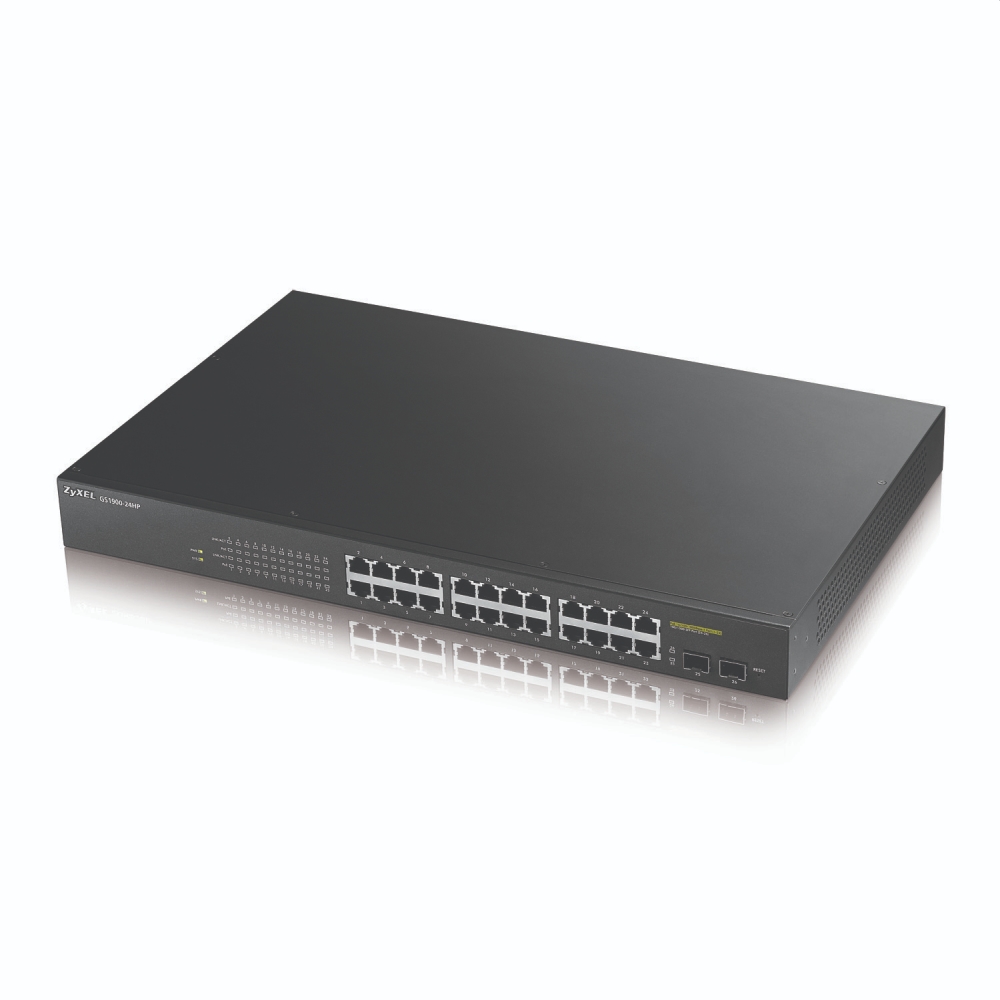 ZyXEL GS1900-24HP v2, 24-port GbE L2 PoE + 2 x GbE SFP slots, Smart Switch, rackmount, 170 Watt + 2x Lanberg patch cord CAT.6 FTP 3m, red