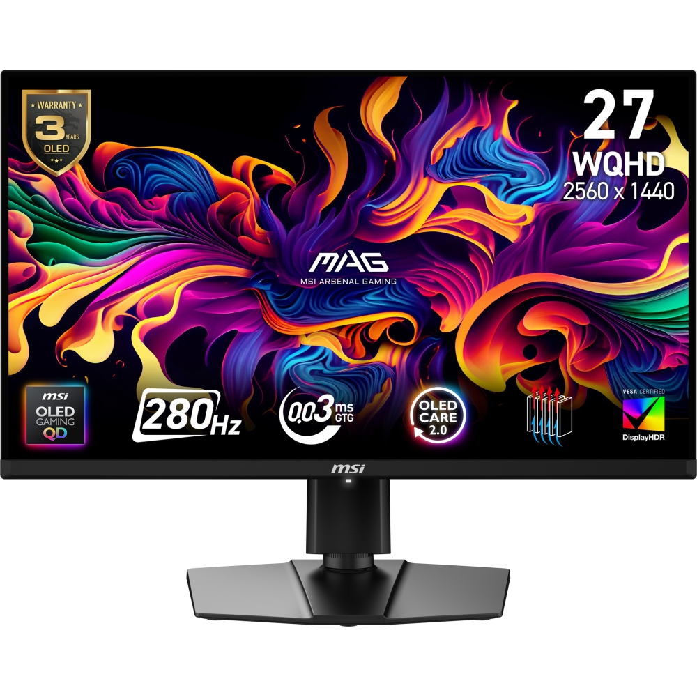 MSI MAG 271QP QD-OLED X28 Gaming Monitor, 26.5", 0.03ms, 280Hz, 2560x1440, G-SYNC, AMD FreeSync Premium Pro, AI Vision, Console Mode, ClearMR 15000, HDR True Black 400, Type-C(15W PD), DP(1.4a), 2xHDMI(2.1), Pivot, Heigh Adj., VESA 100, Black, 8.2kg