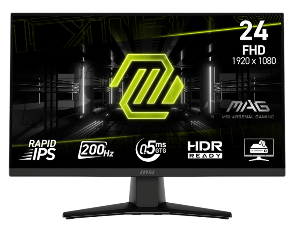 MSI MAG 242F, 23.8", 0.5ms, 200Hz, Rapid IPS, 1920x1080 (FHD), 16:9, AMD FreeSync Premium, 89% DCI-P3, AG, HDR Ready, 300 nits, 1000:1, DCR 100M:1, DP(1.2a), HDMI 2.0b, Tilt, VESA, Black, 3kg