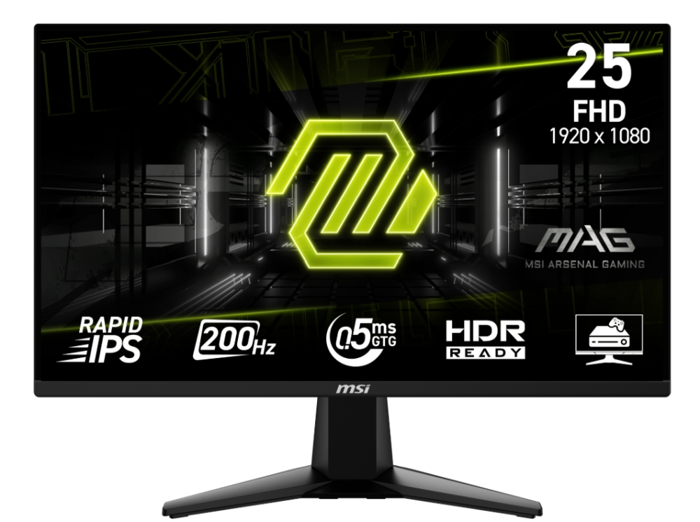 MSI MAG 255F E20, 24.5", 0.5ms, 200Hz, Rapid IPS, 1920x1080 (FHD), 16:9, AMD FreeSync Premium, 79% DCI-P3, AG, HDR Ready, 300 nits, 1000:1, DCR 100M:1, DP(1.2a), 2xHDMI 2.0b, Tilt, VESA, Black, 3.24kg