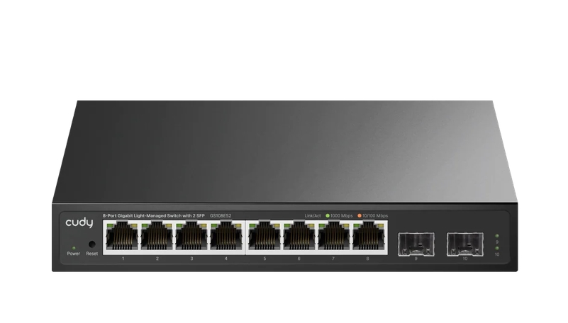 Cudy GS108ES2 8-Port Gigabit Easy-Managed Switch 10/100/1000M RJ45 Ports 2 Gigabit SFP ports Desktop Metal Case Local management via Web GUI support STP/RSTP MAC Management Cudy Cloud APP