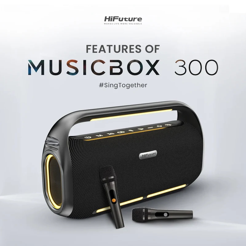 HiFuture MusicBox300 Black, 150W Output, Karaoke Enable, Two Wireless Microphone, 18000mAh Battery (Support Power Bank), RGB Lighting, Pair to Play (TWS Mode), Bluetooth 5.3